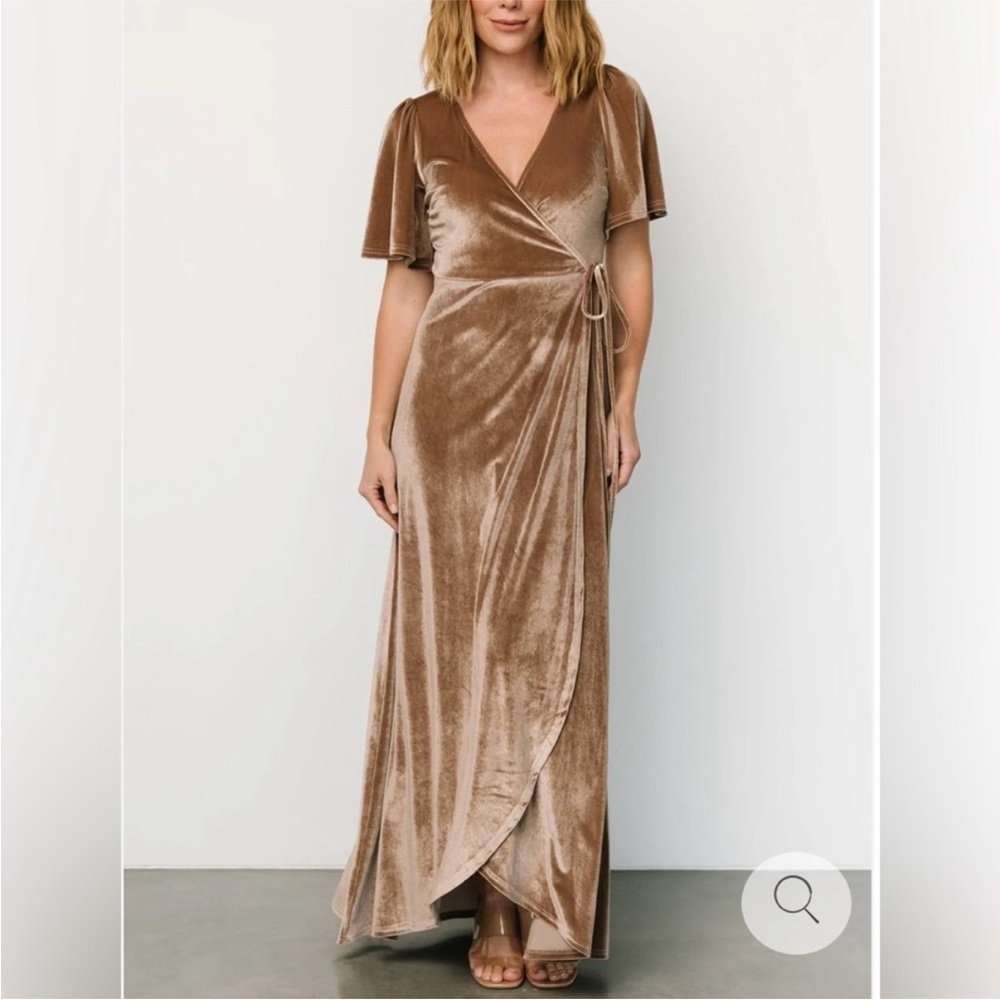 Baltic Born Katelyn Velvet Maxi Wrap Dress in Taupe, Size Large